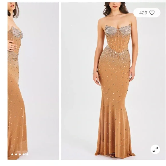 Embellished Nude Maxi Dress with Crystal Detail - Picture 2 of 3